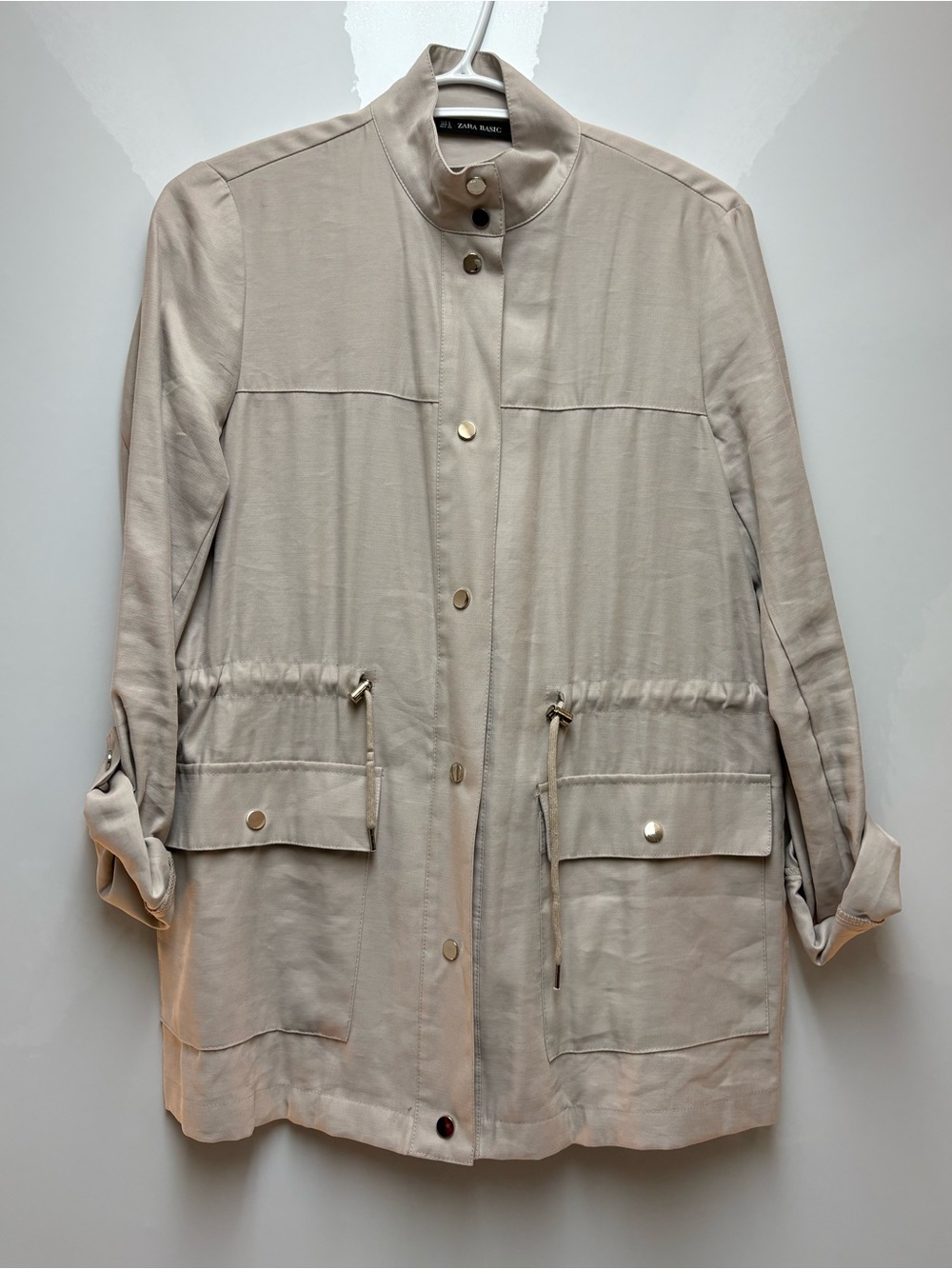 Zara Basic Safari Style Utility Jacket Beige Viscose Blend Drawstring Waist